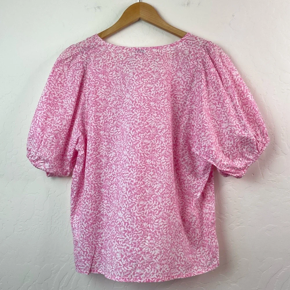 J. Crew Cotton V-Neck Puff-Sleeve Floral Womens Pink/White Blouse Size Large NEW
